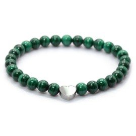 Echtes Malachit AAA Edelstein Armband mit 6mm Perlen und Edelstahlherz - verschiedene Längen - Heilstein Schutzstein Talisman Glücksbringer Geschenk (Malachit, 20CM)