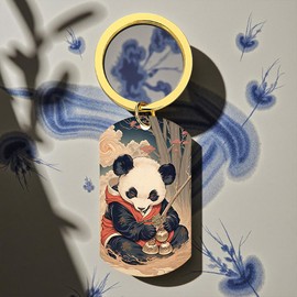 XIOUDO Ukiyo-e Panda Key Holder, Japanese Style Design, Includes Metal Key Ring, Gift Box Included, Fashionable Key Accessory, Lucky Charm, Japanese Souvenir, Gift, monochrome