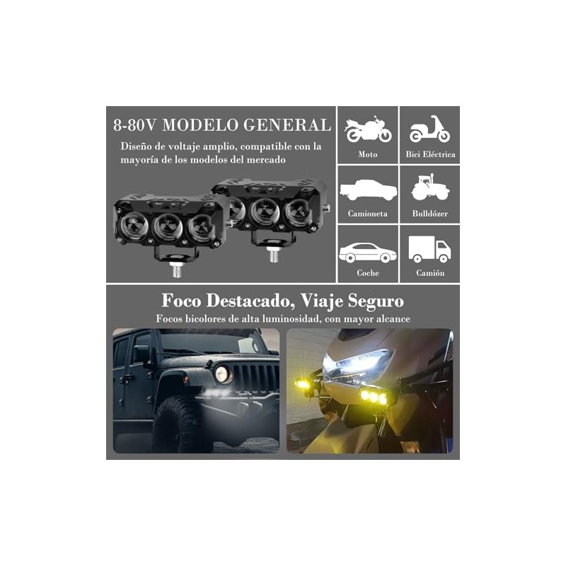 Exploradoras LED Auxiliares para Moto, 2 Piezas, 18000LM, 3 Modos