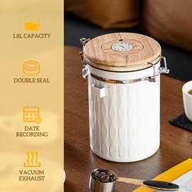 TEDSWAIT Coffee Container with Sealed Cantilever Lid and Scoop, Airtight Stainless Steel Kitchen Food Storage Canister with Date Tracker, 1.8L(White)