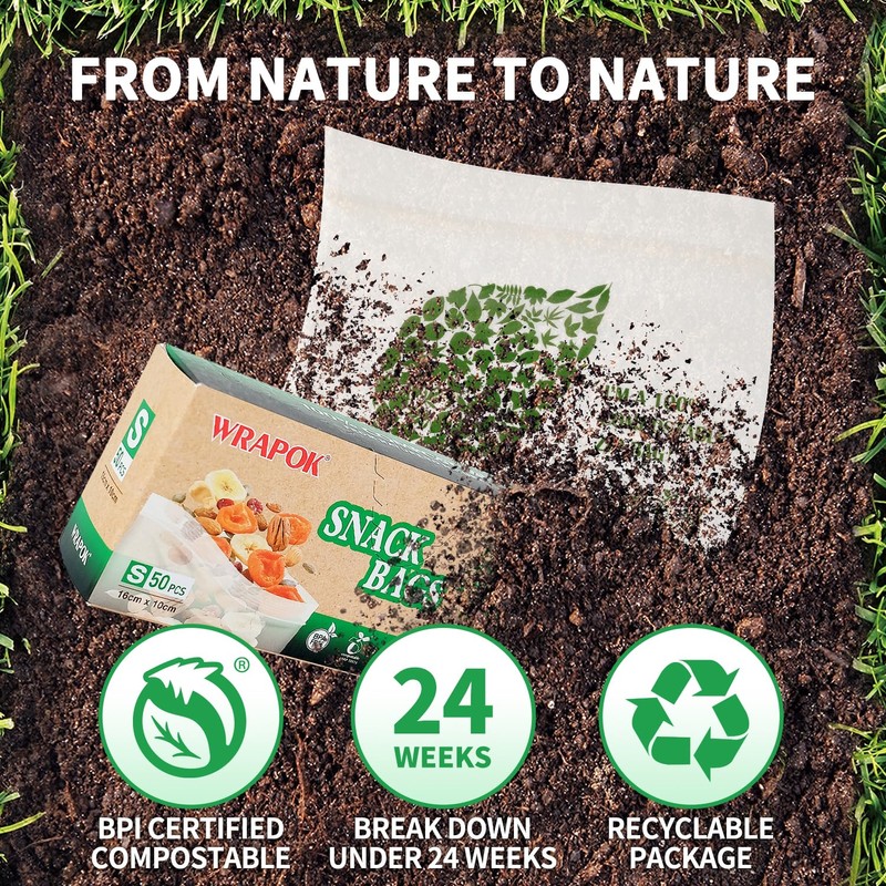 WRAPOK 100% Compostable Snack Bags Small Biodegradable Freezer Sandwich Storage
