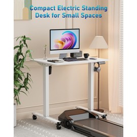 Xyndyx Small Electric Standing Desk with Wheels, 31.5" x 23.6" Height Adjustable Sit Stand Desk with Splice Board, Memory Computer Stand Up Desk for Home Office, White Frame/White Top