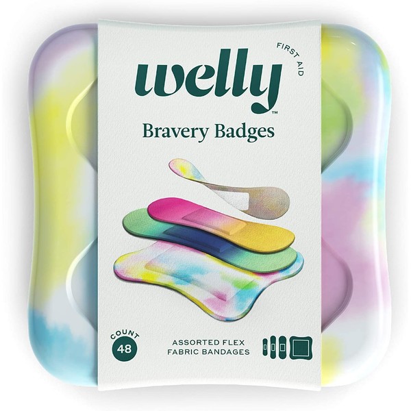 Welly Bandages - Bravery Badges, Flexible Fabric, Adhesive, Standard Shapes, Colorwash Tie Dye Patterns - 48 Count