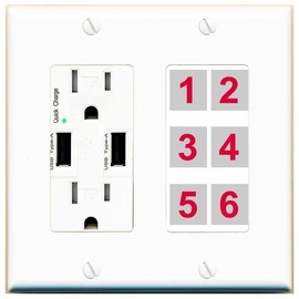 RiteAV 6 Port Custom Wall Plate, USB Charger, White/White, Choose HDMI Coax 3.5mm Banana Cat5/6 Phone RCA Speaker Toslink USB
