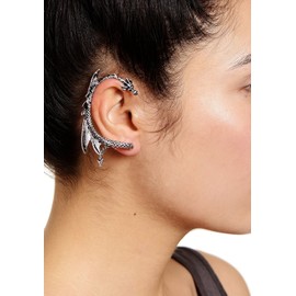 Dragon Ear Cuff Stud Earrings with Silver Tint by Serebra Jewelry, Metal, Crystal