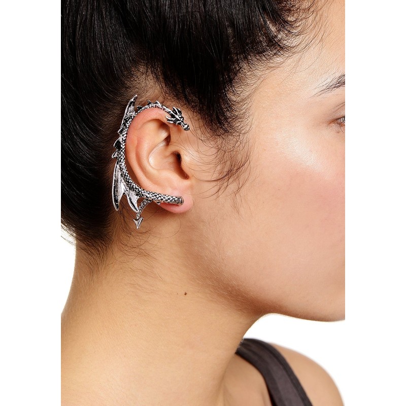 Dragon Ear Cuff Stud Earrings with Silver Tint by Serebra