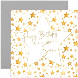 Special Son Birthday Card - Gold Foil Star Birthday Card for Son from Parents - Adult, Teenager or Child - Male Birthday Cards for Him - Contemporary Star Design | Blank Inside Envelope