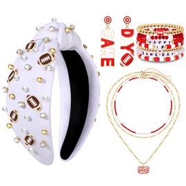 Game Day Headband for Women Football Charm Headband Pearls Crystal Knotted Hairband Game Day Sports Hair Accessories Football Party Decorations White Spirit Hairband