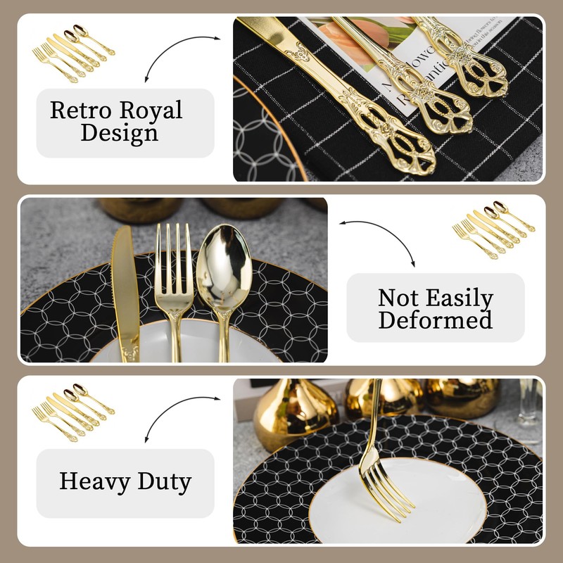 Pryntono 300PCS Gold Plastic Silverware, Heavy Duty Gold Disposable Utensils,