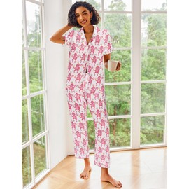 Ekouaer Silk Satin Pajamas Set Floral Print Button Down Pjs Soft Loungewear Pink Monkey Print Medium
