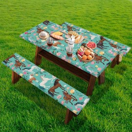 Wiryuouvt Horses Picnic Table Cover Elastic Crushed Flowers Picnic Table Cloths Fitted Padded Picnic Table Seat Covers Table Cover Elastic Tablecloths for Picnic Tables