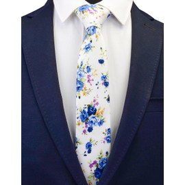 Gusleson Mens Cotton Floral Tie Slim Ties for Wedding Groomsmen White Skinny Necktie (UK0943-07)
