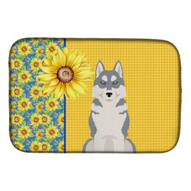 Caroline's Treasures WDK5491DDM Summer Sunflowers Grey Siberian Husky Dish Drying Mat Absorbent Dish Drying Mat Pad for Kitchen Counter Dish Drainer Mat for Countertop, 14 x 21", Multicolor