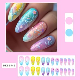 Flower Press on Nails Almond Medium Fake Nails Colorful Gradient Stick on Nail Full Cover Floral False Nails Designs Glossy Reusable Acrylic Nail for Women Manicure Decoration 24 Pcs