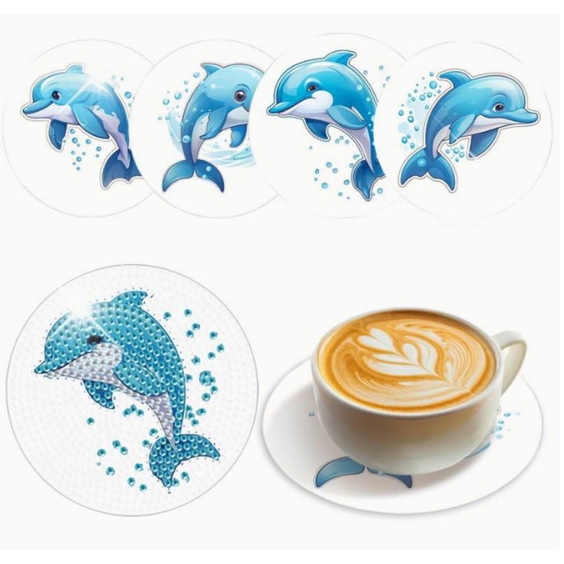 5D Diamond Art Dolphin Coasters, DIY Diamond Coaster Set for