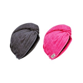 Carenesse Hair Turban Cotton Set of 2 I 2 x Sturdy Turban Towels with Button and Loop Pink/Grey I Hair Towel Absorbent for Gentle Hair Drying I 100% Cotton Towel Hair Without Plastic