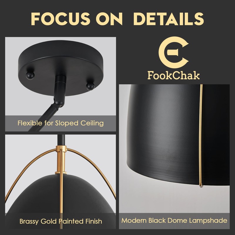 FookChak Black Dome Pendant Light 10in Kitchen Island Pendant Lighting