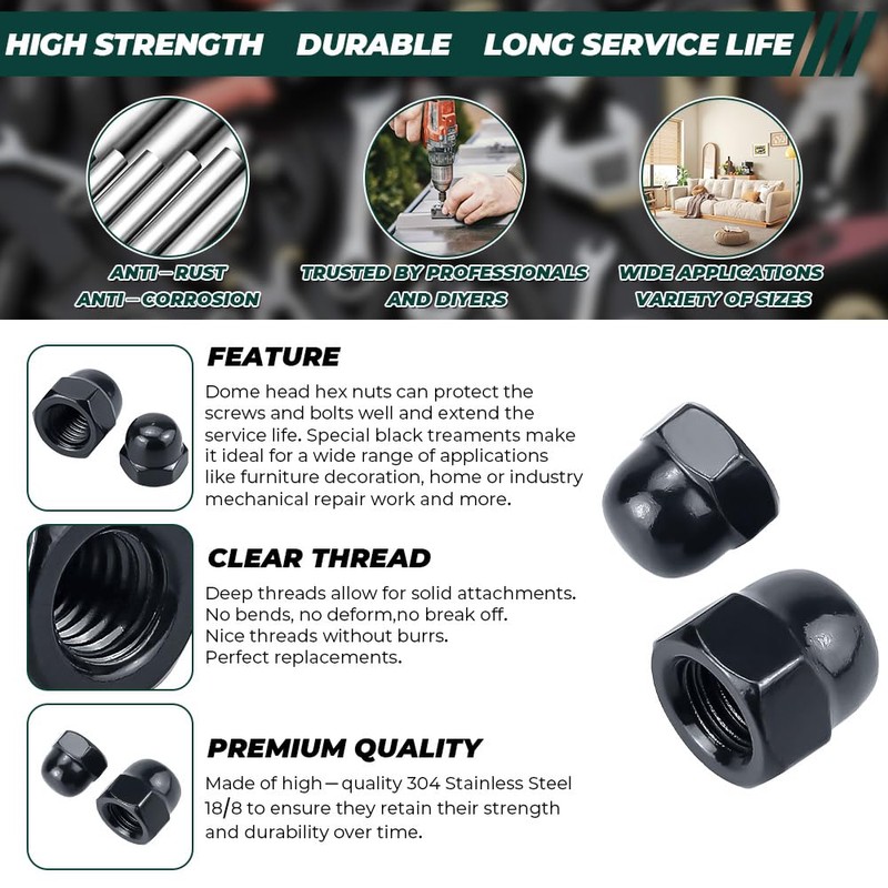 M12-1.75 Black Acorn Hex Cap Nuts (10 pcs), 304 Stainless