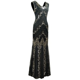 YENMILL 1920s Sequin Gatsby Maxi Long Evening Prom Mermaid Hem Dress w/Accessories set (XXL, Style E Black Gold)