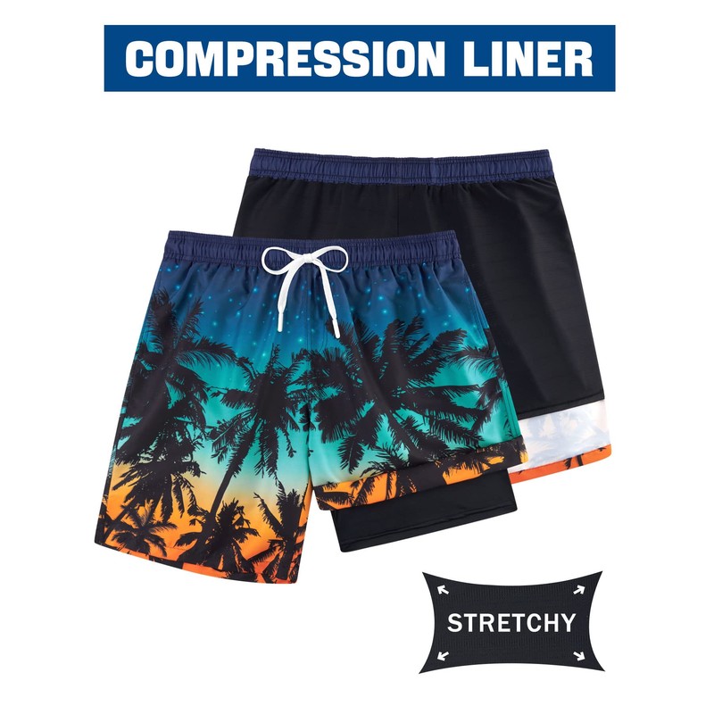 TUONROAD Compression Board Shorts for Mens Palm Tree 3XL Swimming