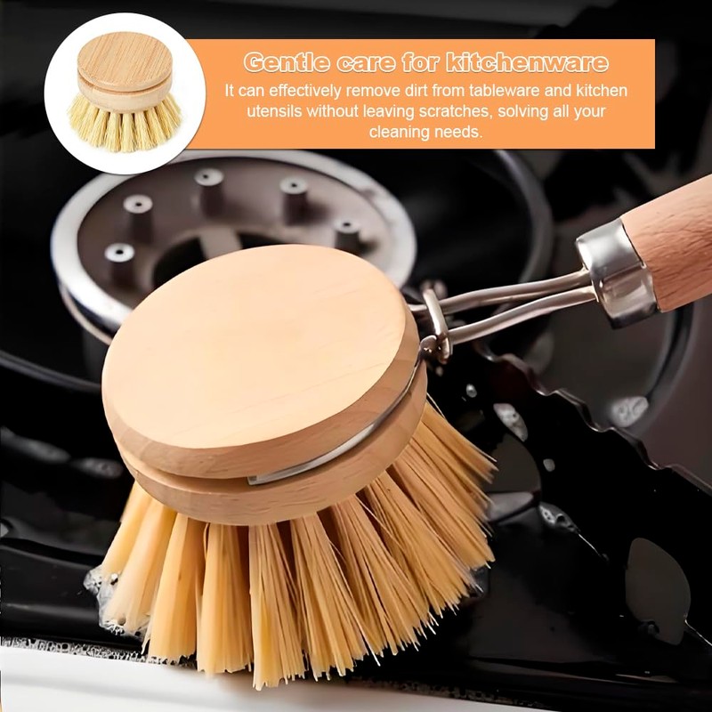 Wooden Washing Up Brush, 4Pcs Replacement Brush Heads for Eco