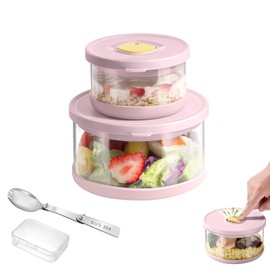 SAYAPE Glass Food Storage Containers with Airtight Lids, 33.8oz & 11.8oz High-Borosilicate Glass Meal Prep Containers with Spork, Bento Lunch Boxes for Salad, Ramen, Soup, Snacks, Fruit - 2 Pack, Pink