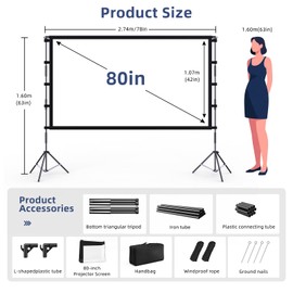 Projector Screen Outdoor, Vamvo Projector Screen with Stand Portable 80" Foldable ProjectorScreen, 10 Feet Indoor Movie-Screen with Carrying Bag for Home Theater Backyard Movie Night