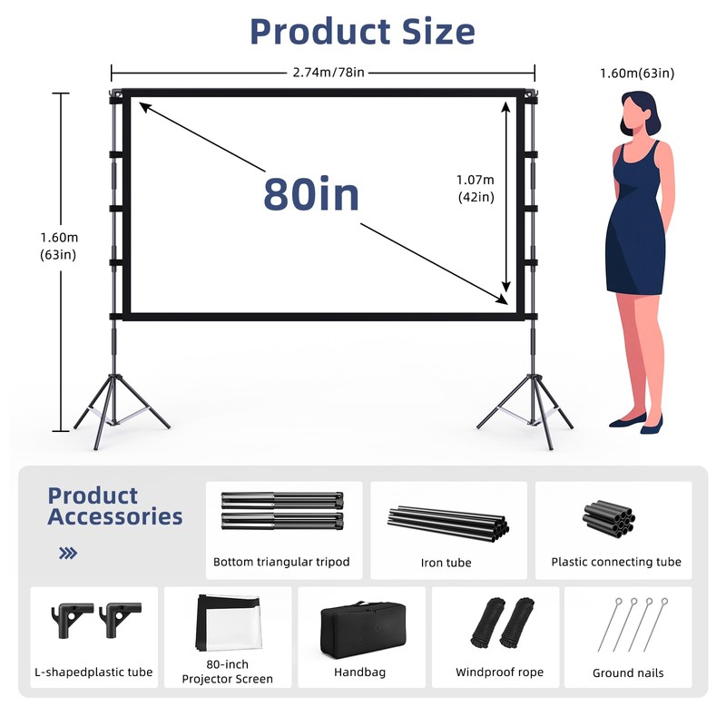 Projector Screen Outdoor, Vamvo Projector Screen with Stand Portable 80"