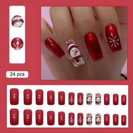 Christmas Press On Nails Medium Square Red Fake Nails,Santa Claus Snowflake Acrylic Full Cover False Nails Set with Nail Gel Glue, Natural Perfectly Reusable Stick On Nails Suitable for Women Girls