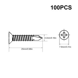 ComPDCVD Pack of 100 Self Tapping Screws M4.2 x 25 mm 410 Stainless Steel Self-Drilling Screws Flat Head Phillips Screws for Woodworking Household and Office Appliances