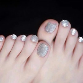 Silver Glitter Press on Toenails Short Square Acrylic Toe Nails Finish Fake Toenails Full Cover Glue on Toe Nails False Toenails with Powder Designs Cute Artificial Toenails for Women Girls 24Pcs