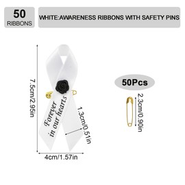 WANDIC White Ribbon Satin with rose, 50 Pieces Memorial Ribbon in Forever in Our Hearts Ribbons for Funeral Event Bereavement Remembrance Service