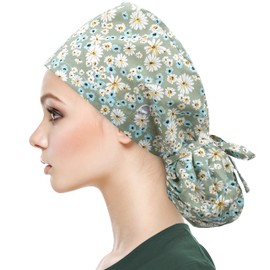 QBA Adjustable Working Cap with Button, Satin-Lined Hat, Cotton Working Hat Sweatband, Elastic Tie Back Hats Unisex, Pt Green Daisy, One Size