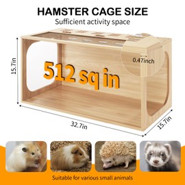 BESNEW Wooden Hamster Cage,32in Large Hamster Cages and Habitats with Multi Vents for Hamster,Guinea Pig,Bunny,Thickened Small Animal Acrylic Cage,Top Openable,Leakproof & Easy to Clean(32Lx16Wx16H)
