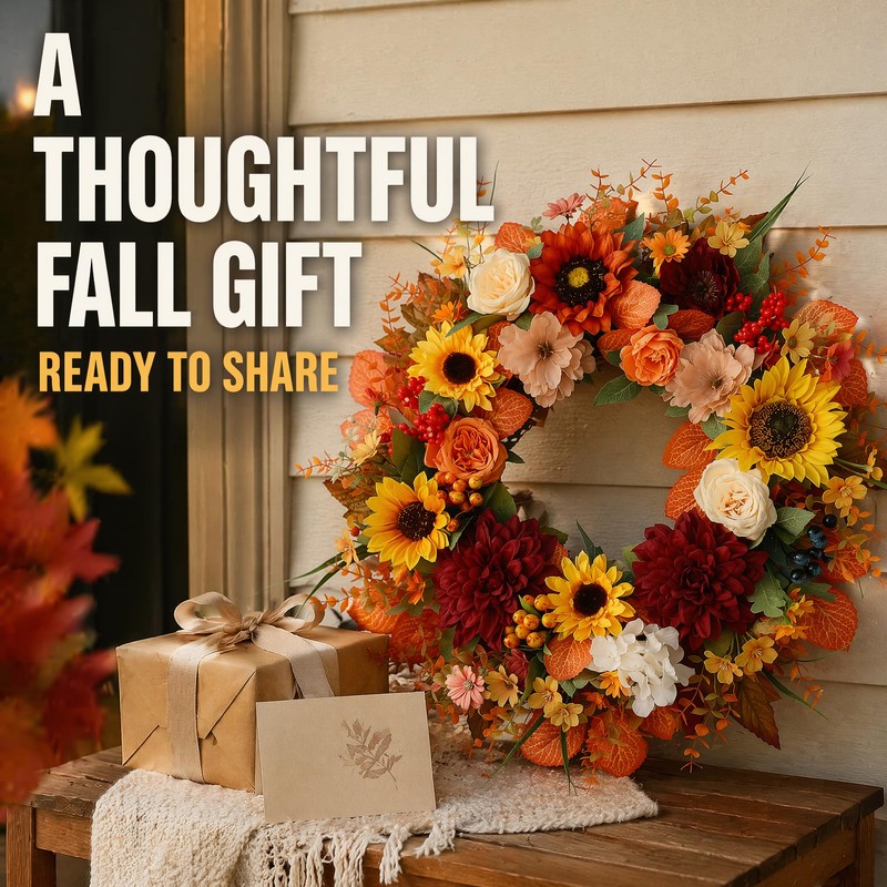 24 Inch Fall Wreath for Front Door, Autumn Sunflower Farmhouse