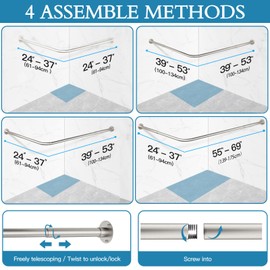 L Shaped Shower Curtain Rod, [24"-53"] x [24"-53"] Adjustable Corner Shower Curtain Rod, No Sagging Silver Corner Shower Rod with 12 Ring Hooks & Ceiling Support for Bathroom, Bathtub