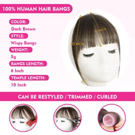 Clip in Bangs- Fake Bangs100% Human Hair Bangs Clip in Hair Extensions Wispy Bangs Clip On Air Bangs for Women Fringe With Temples Hairpieces Curved Bangs For Daily Wear (Dark Brown, Wispy Bangs)