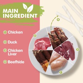 Puddonio Dog Treats, Triple Flavor Rawhide Sticks, Chicken Duck and Chicken Liver Wrapped Rawhide Dog Chews, Suitable for Medium and Small Dogs, 21.16 oz