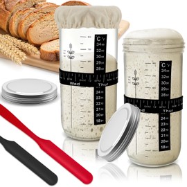 Bowasin Sourdough Starter Jar Glass 2 Pack 34OZ Sourdough Starter Kit Sourdough Jar,Sour Dough Starter Jars with Marked Feeding Band,Scraper, Cloth Cover and aluminum Lid,Large Wide Mouth Jars