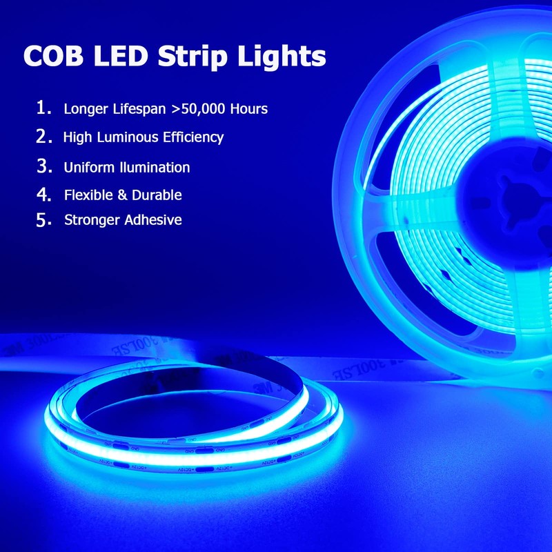 TOPAI 12V COB LED Strip Light Blue 16.4ft Waterproof IP65
