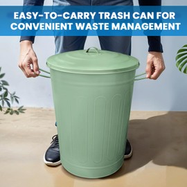 Plexon Round Trash Can 13 Gallon, Vintage Metal Outdoor Trash Can with Lid, Retro Farmhouse Garbage Container, Old School Modern Ash Bucket, Green