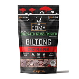 Boma Biltong (Spicy Per-Peri) - Grass Fed, Grass Finished Air-Dried Beef Snack, Keto, Paleo, Whole30 Friendly, Carnivore Diet, South African Beef Jerky, Gluten Free, Soy Free, No Nitrates, No Hormones, No Antibiotics, No MSG, (4 Ounce)