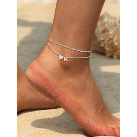 Suplight Stainless Steel Anklets Bracelets for Women Layered Dainty Heart Charm Foot Chain Initial Ankle Bracelets with Beaded Anklets for Women Beach Waterproof Letter V (with Gift Box)