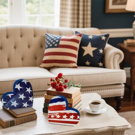 Zrmqh 4th of July Decorations Patriotic Heart Table Decorations Independence Day Rustic Farmhouse Table Wood Sign Red White Blue Decor for Summer Home Indoor