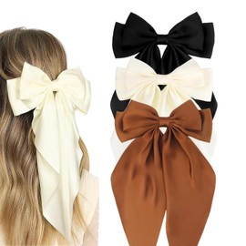 3 PCS Big Bow Hair Clips, Large Bowknot Hairpin French Hair Clips with Long Silky Satin Ribbon Solid Color Hair Barrettes Accessories for Women Girls (Black+White+Brown)