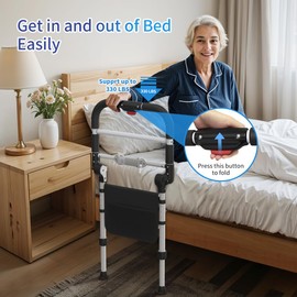 MeesMeek Bed Rails for Elderly Adults Safety - Foldable Grab Bar Bed Handrails for Seniors with Adjustable Height, Non-Slip Handle, Night Sensor LED Light, Fits King, Queen, Full, Twin Beds