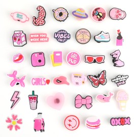 35 Pcs Pink Shoe Charms for Clog, Cute Cartoon Charm Cute Pink Different Shape Shoe Accessories for Decorating Wristbands, Pins Badges Shoe Decorations for Teens Girls Birthday Gift