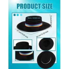 4 Pcs Black Flat Fedora Top Hat Felt Flat Wide Brim Hats with Rainbow Belt Band Fedora Derby Hat for Daily Wear Party Dress Up