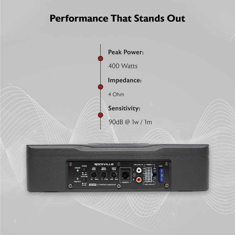 Rockville SS8P 400W 8" Slim Under-Seat Active Subwoofer, High-Level Inputs,