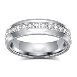 TRUMIUM 6mm Mens Wedding Band Tungsten Rings for Women Men with White Cubic Zirconia Eternity Ring CZ Inlaid Silver Wedding Rings Beveled Edges Comfort Fit Size 10.5